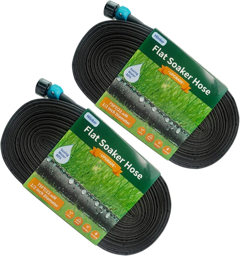 Hlinker Flat Soaker Hose 75 150 FT for Garden Beds, 150FT 1/2" Linkable Consistent Drip Irrigation Hose Save 80% Water, Leakproof Heavy Duty Double Layer Sprinkler Hose - Image 1
